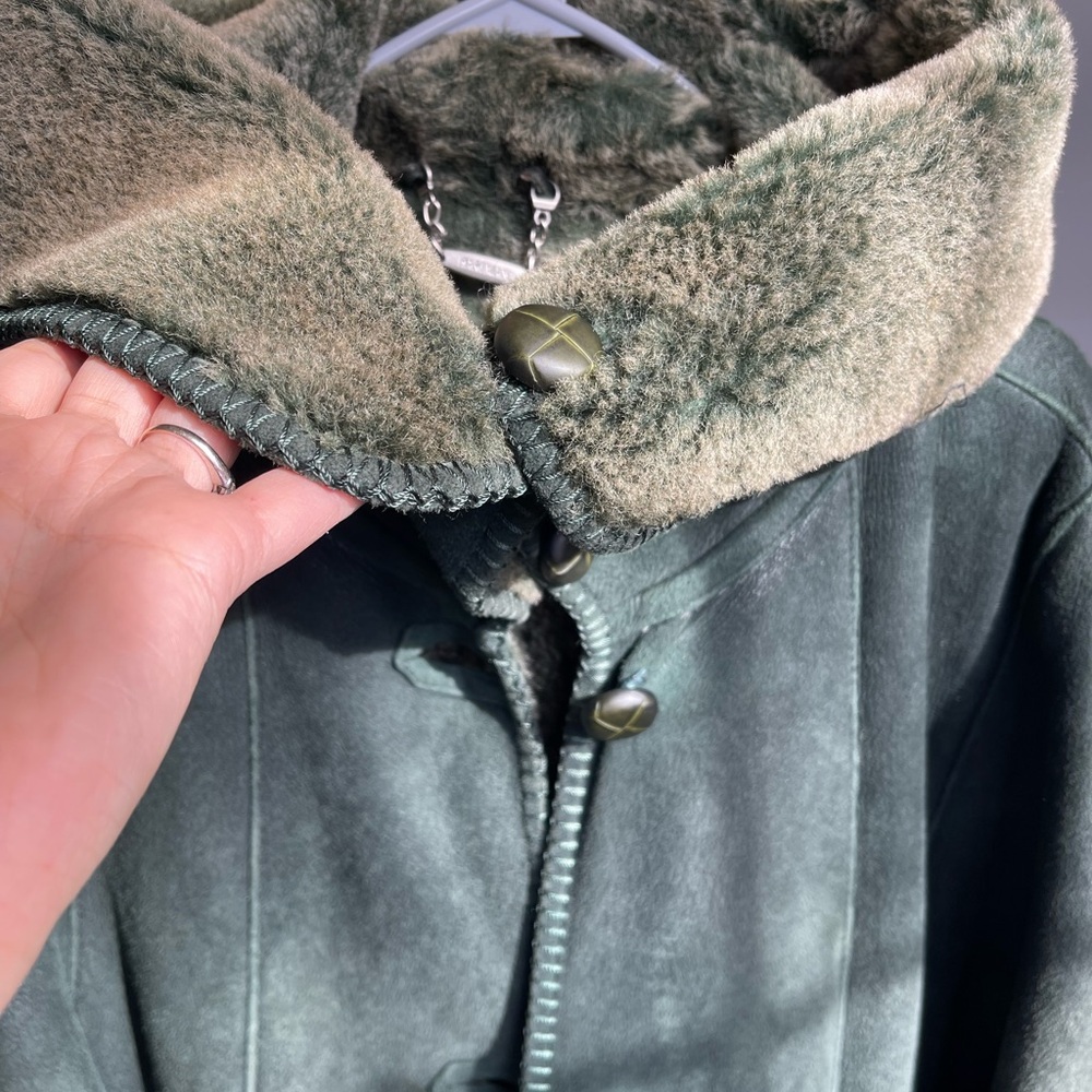 HARTMAN Shearling Coat | Vintage Green Sheepskin Suede Fur Jacket - Picture 7 of 17